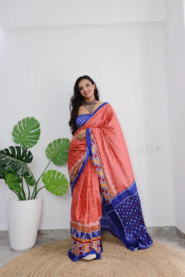 HANDICRAFT_WOMEN'S_Ikkat_PRINT_PURE_SOFT_COTTON_SAREE_WITH_BLOUSE_PIECE_With_Blouse_Piece
